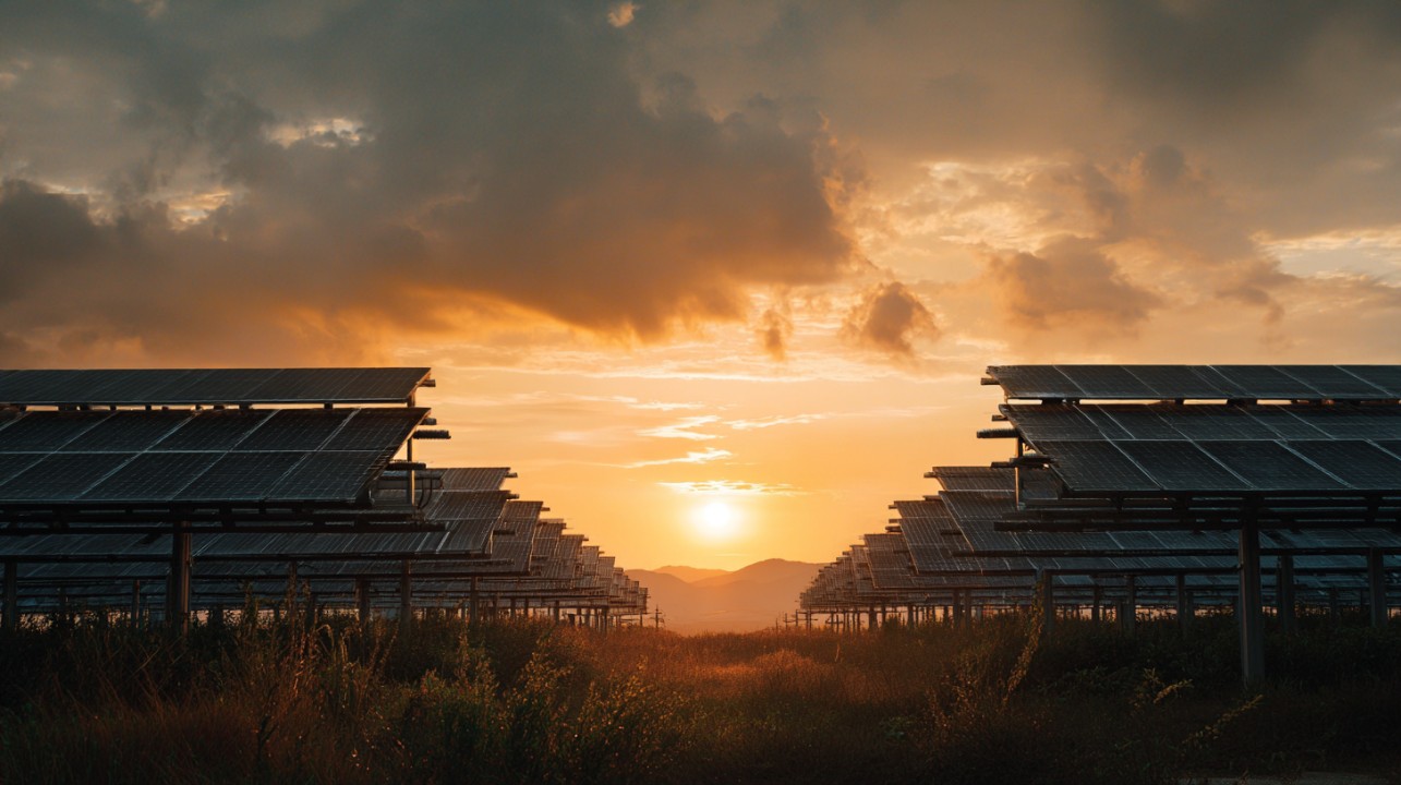 Two rows of ground-mounted solar panels facing each other, with the sun setting between them over distant hills